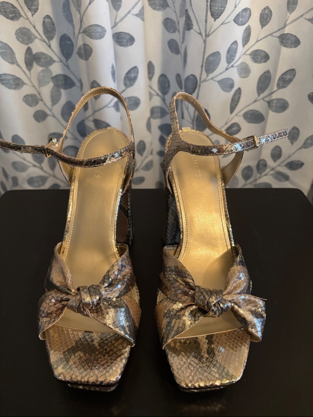 Guess Roslynn Metallic Bonze/Gold Snake-Print Knot Front Slingback Heels